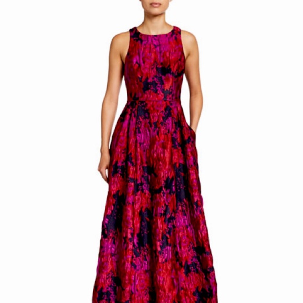 Aidan Mattox
Crewneck Sleeveless Brocade A-Line Gown with Pockets
